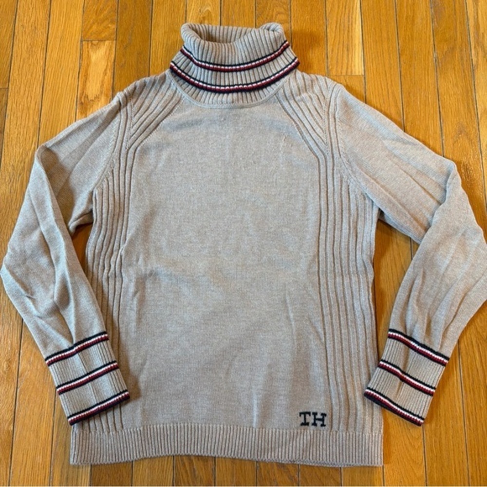 Tommy Hilfiger Tan Natural Logo Ribbed Knit Turtleneck Sweater Women’s Sz Small